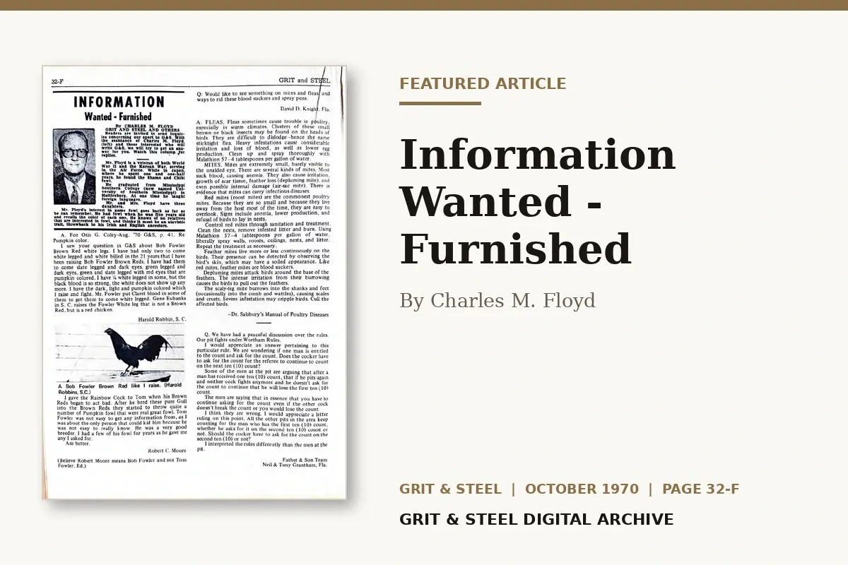 Information Wanted – Furnished by Charles M. Floyd — Grit & Steel, October 1970, page 32-F