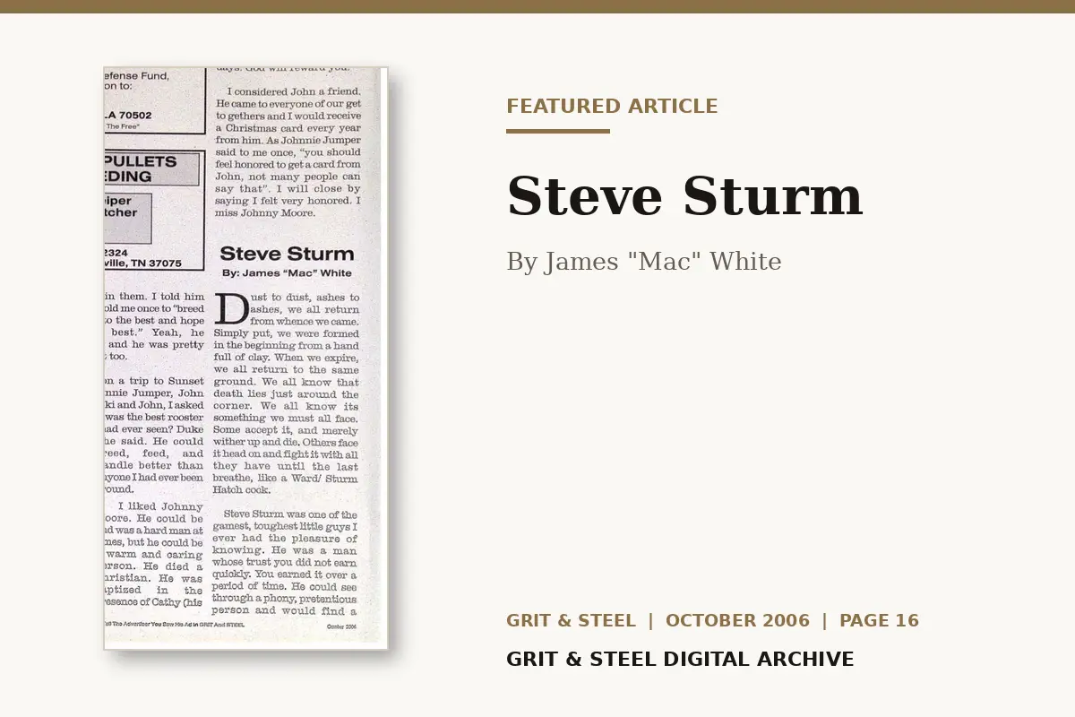 Steve Sturm featured article from the October 2006 issue of Grit & Steel